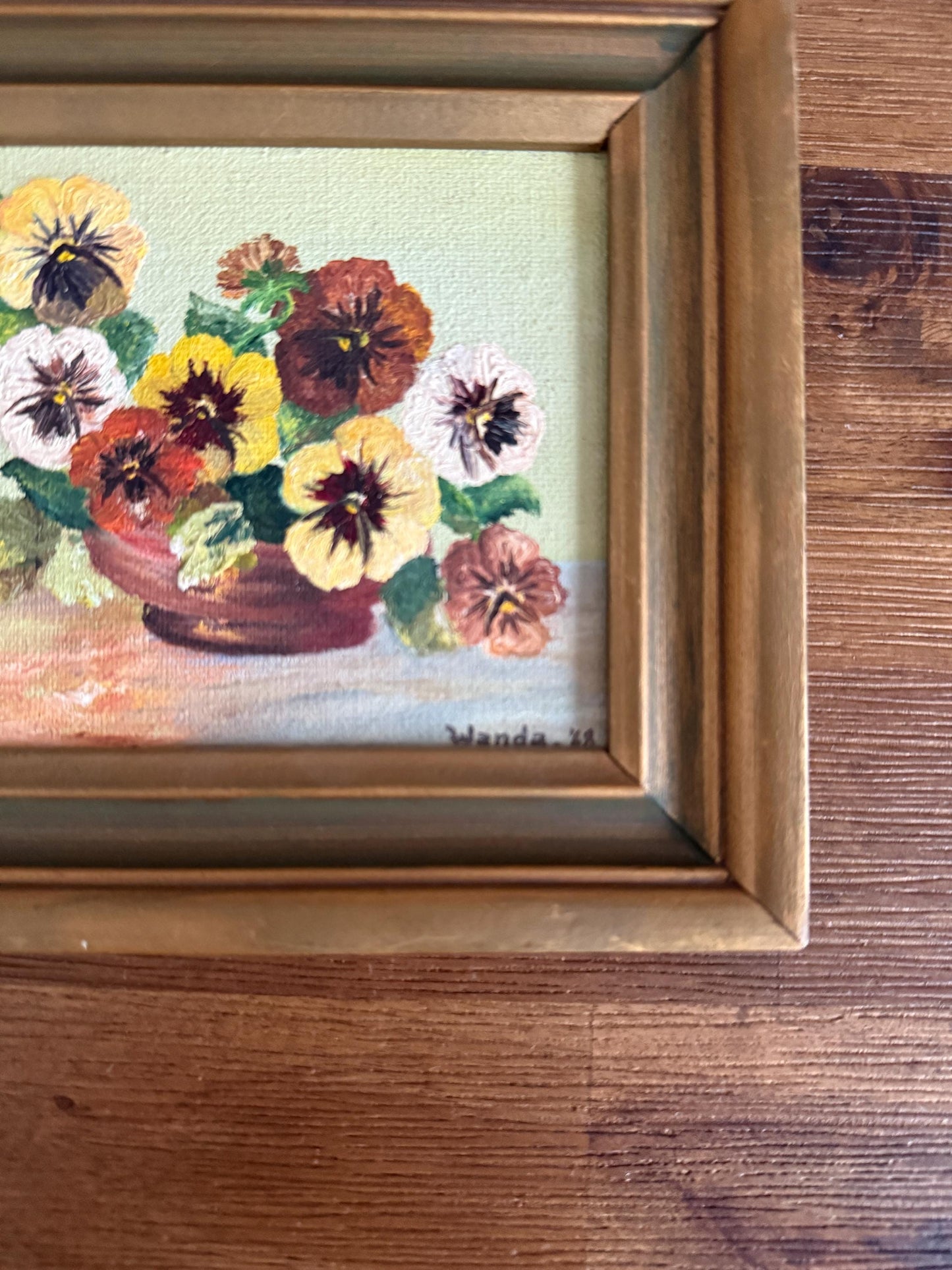 Vintage Original Painting Signed Floral Pansy Painting