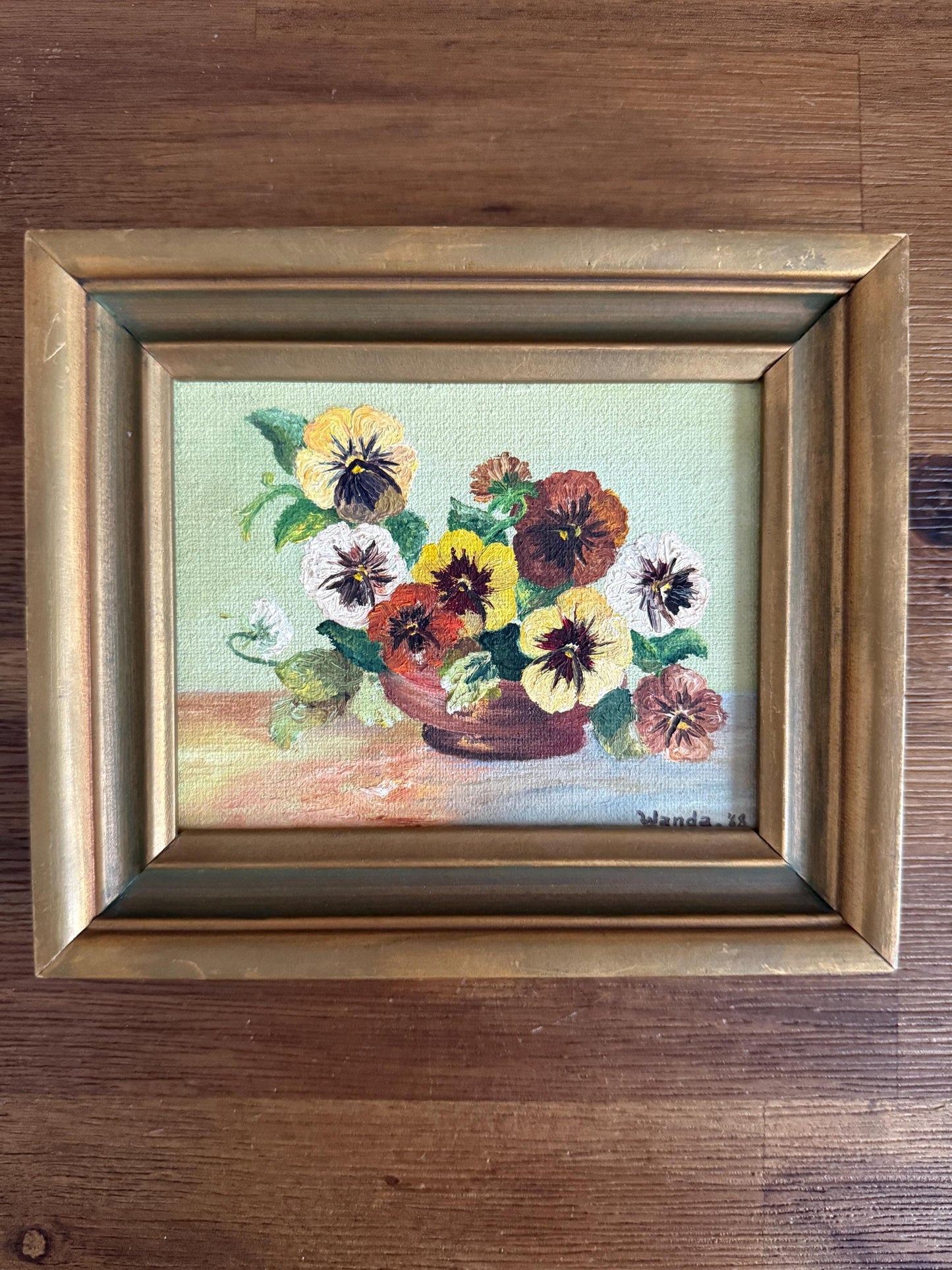 Vintage Original Painting Signed Floral Pansy Painting