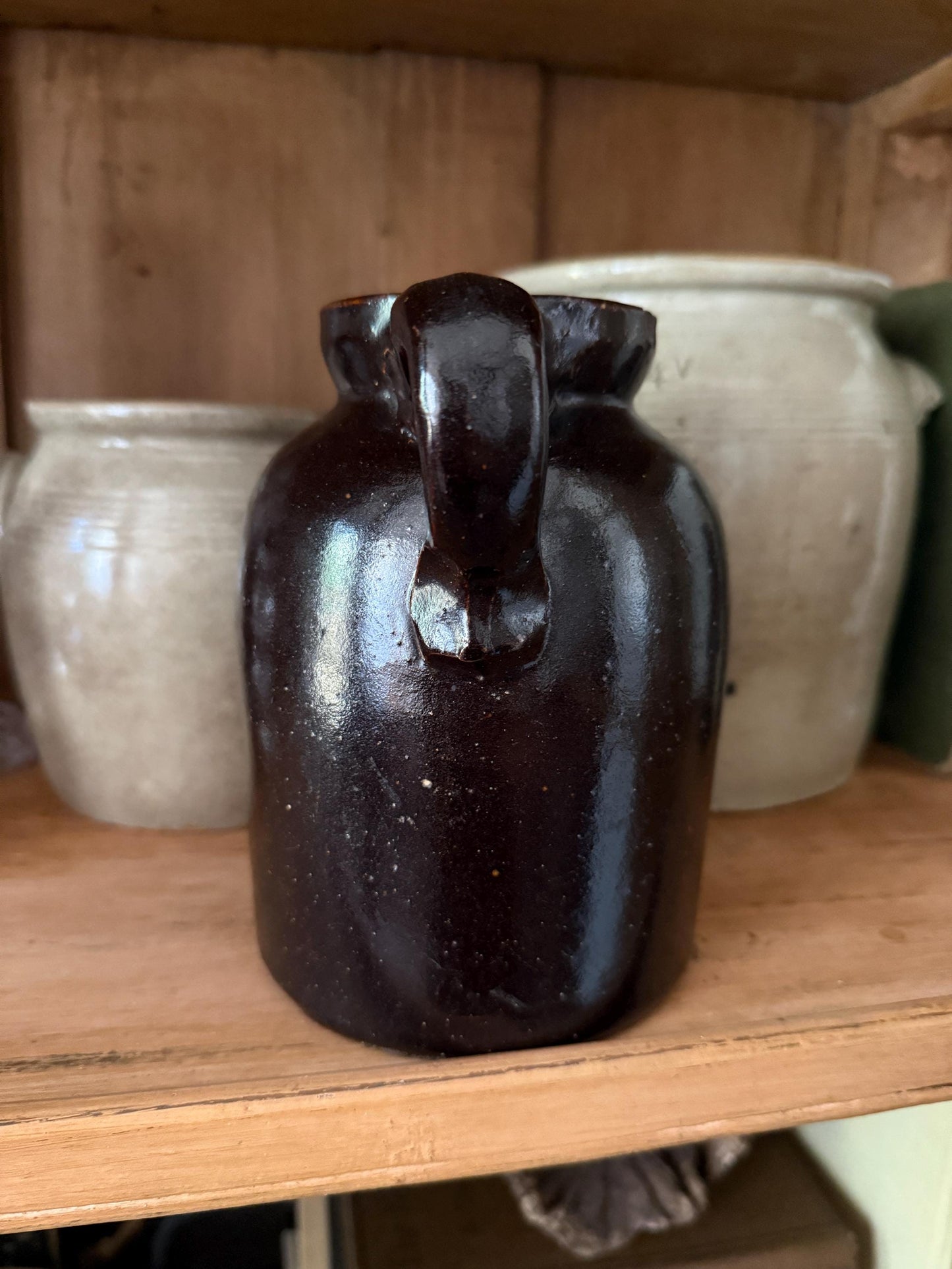 Antique Brown Glazed Handled Pottery Jar Primitive Vessel