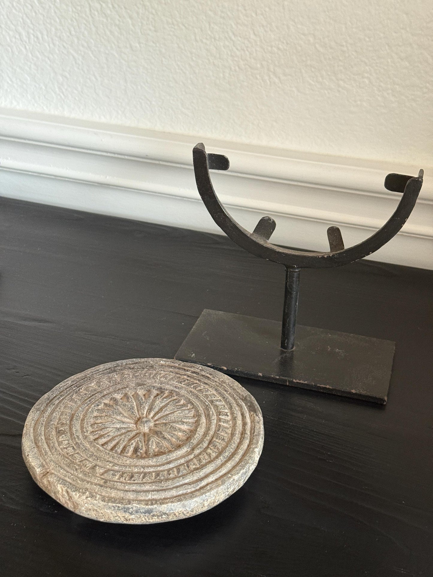 Antique Black Stone Cookie Mold with Stand