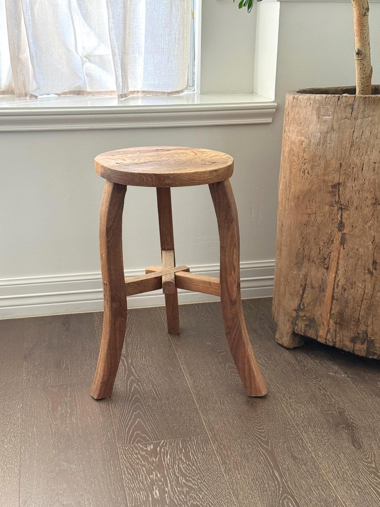 Vintage Elm Wood Stool Curved Legs | Rustic Side Table