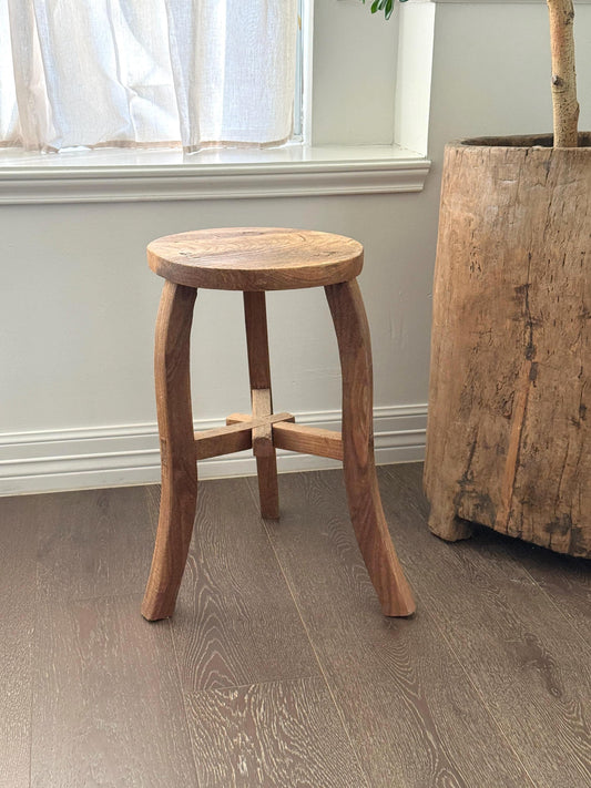 Vintage Elm Wood Stool Curved Legs | Rustic Side Table