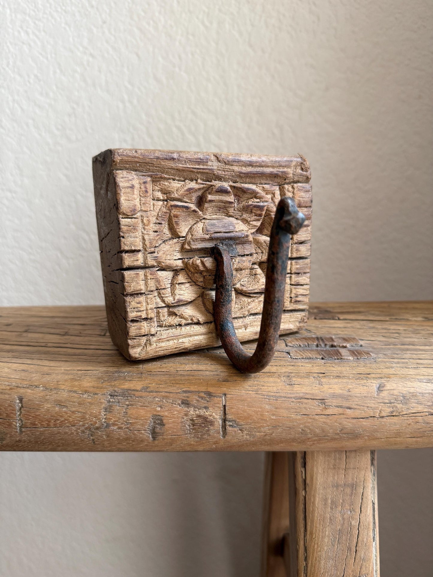 Vintage Wooden Carved Panel and Iron Wall Hook