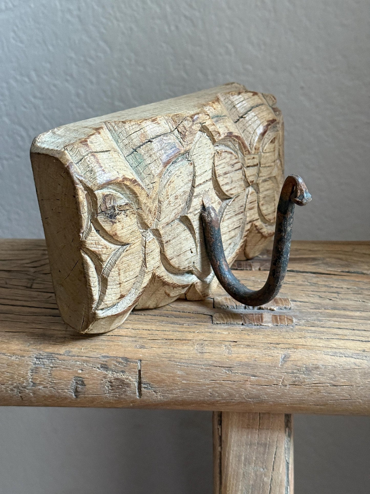 Vintage Wooden Carved Panel and Iron Wall Hook