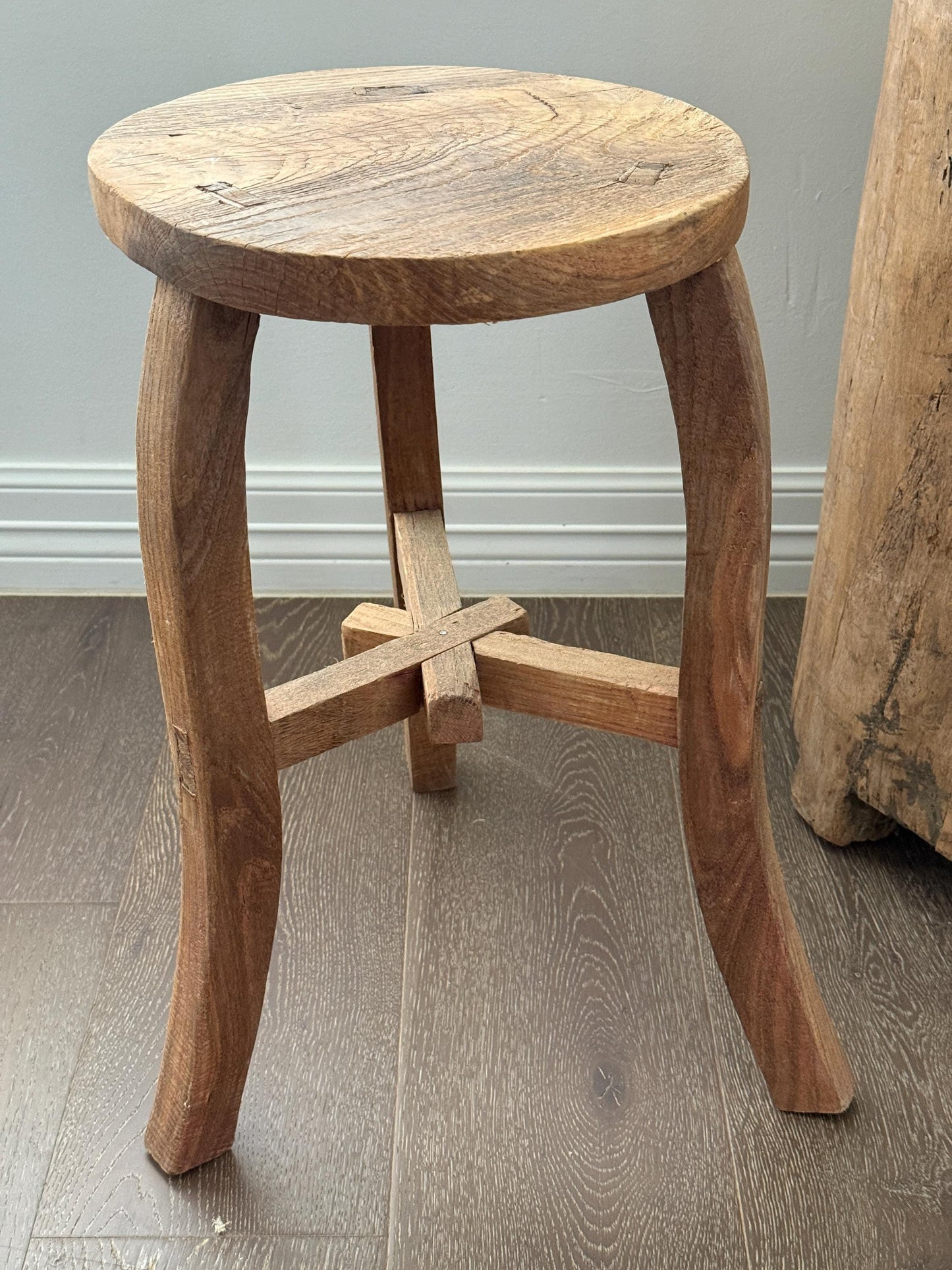 Vintage Elm Wood Stool Curved Legs | Rustic Side Table