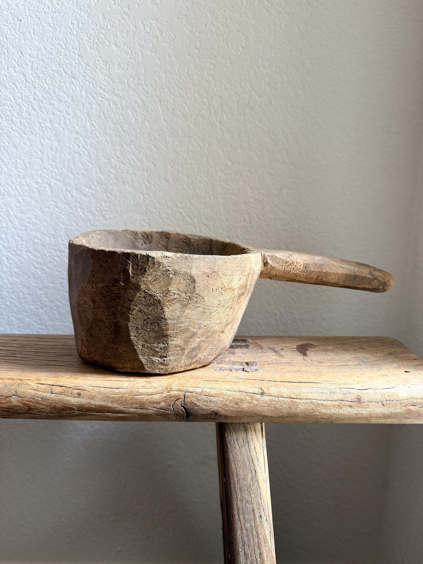 Antique Wood Mortar Bowl With Handle