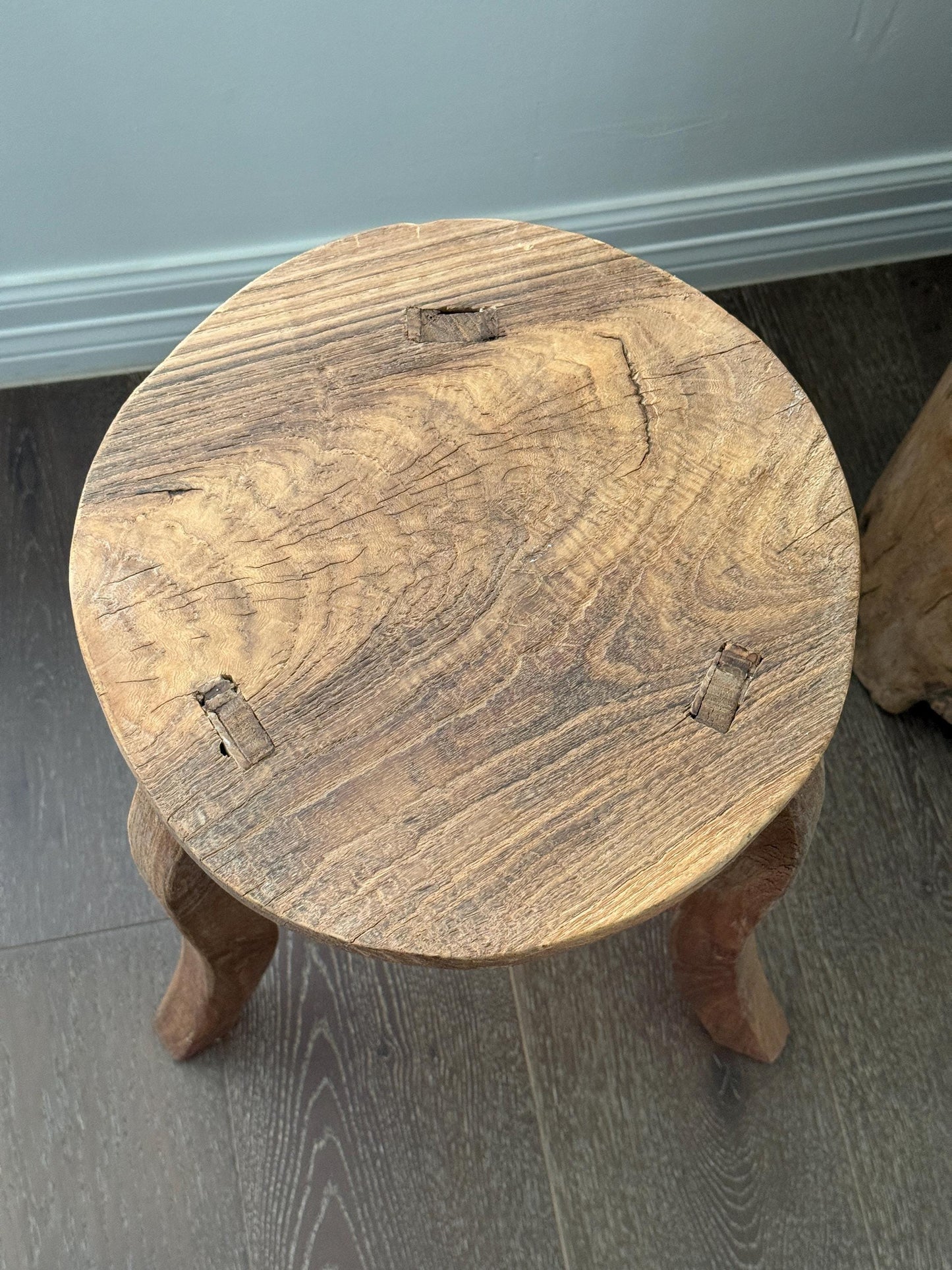 Vintage Elm Wood Stool Curved Legs | Rustic Side Table