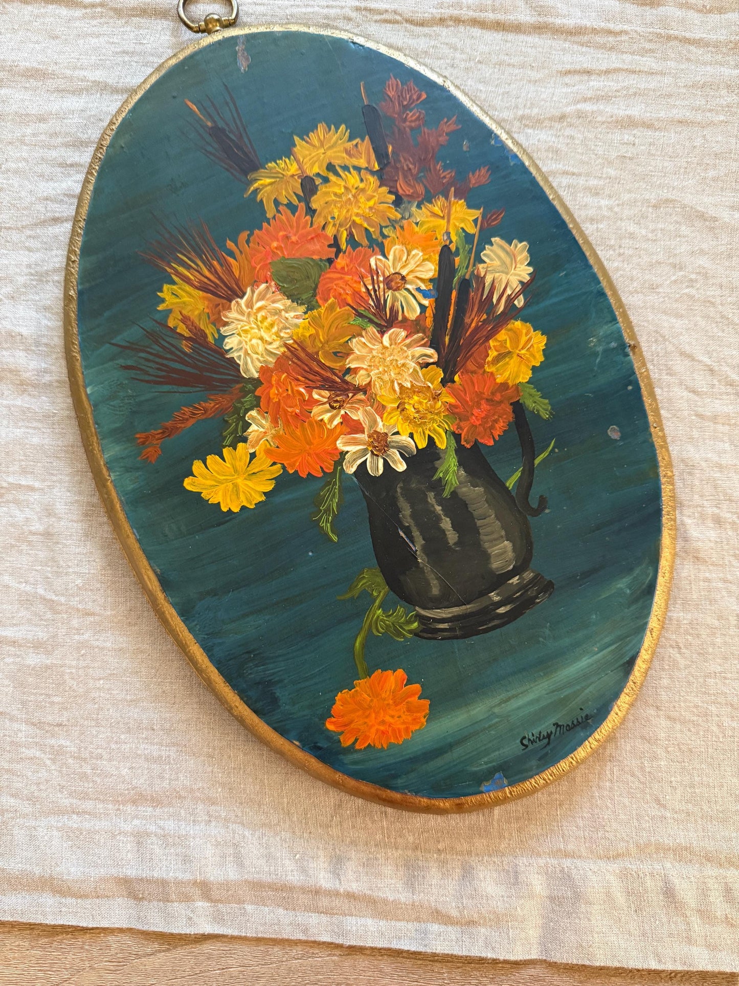 Vintage Original Oil Painting on Oval Board Fall Florals